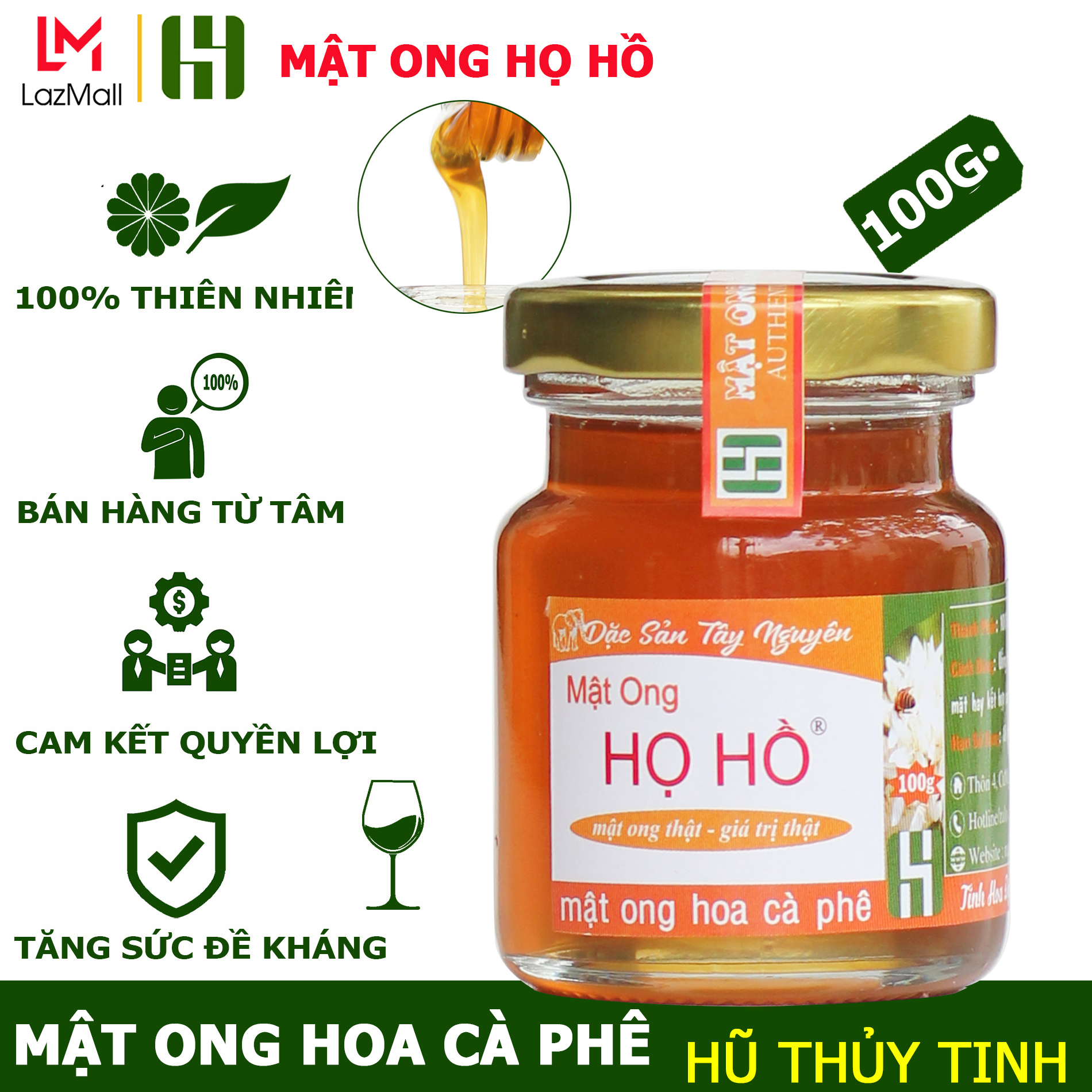 [trợ giá] Hũ 100g mật ong hoa cà phê nguyên chất - hũ thủy tinh an toàn tiện dụng - tăng sức đề kháng, mật ông tây nguyên thương hiệu mật ong Họ Hồ - mật thật giá trị thật hỗ trợ dạ dày, ăn ngon miệng