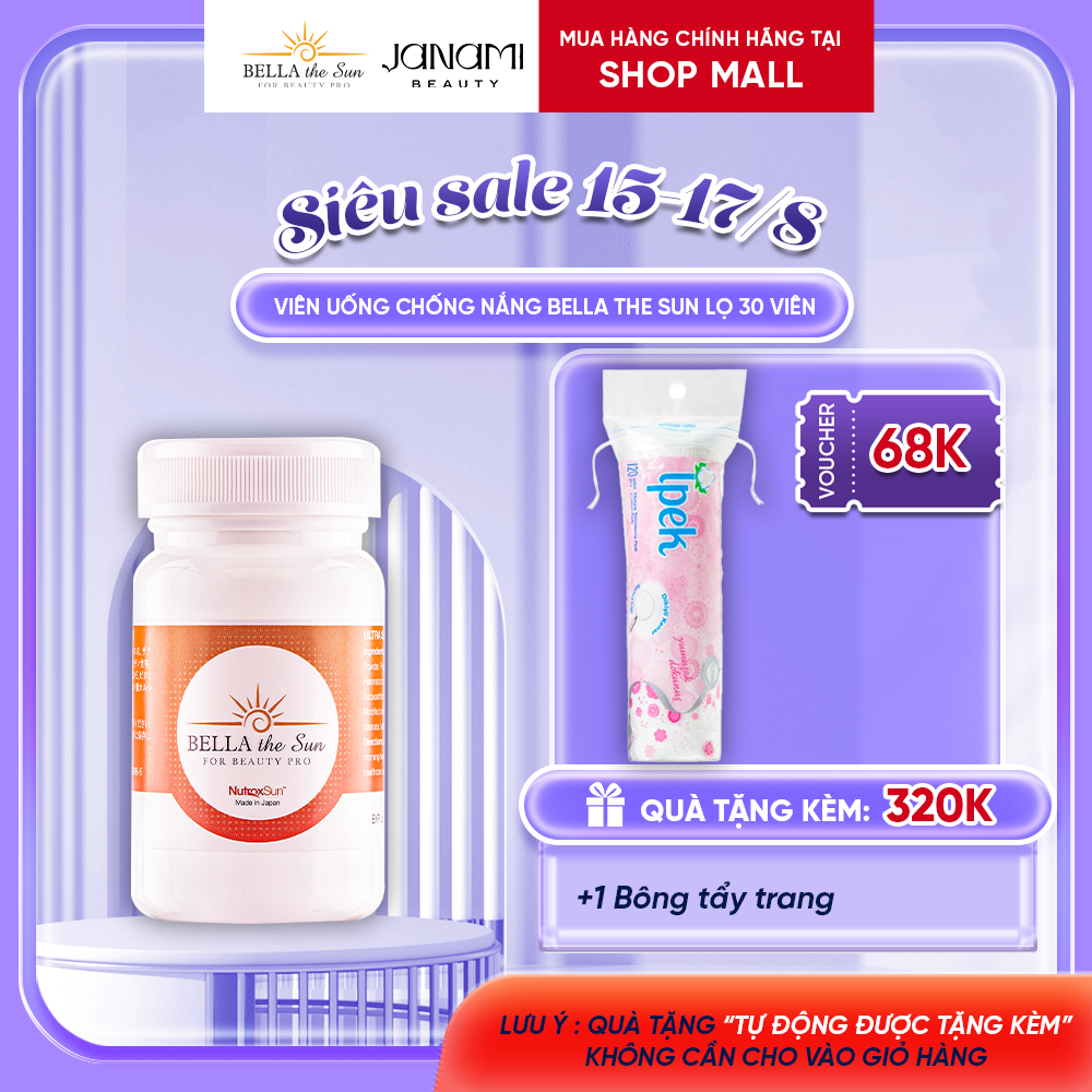 Viên uống chống nắng nội sinh, dưỡng trắng da và giảm thâm mụn, nám sạm Bella The Sun Nhật Bản 30 viên
