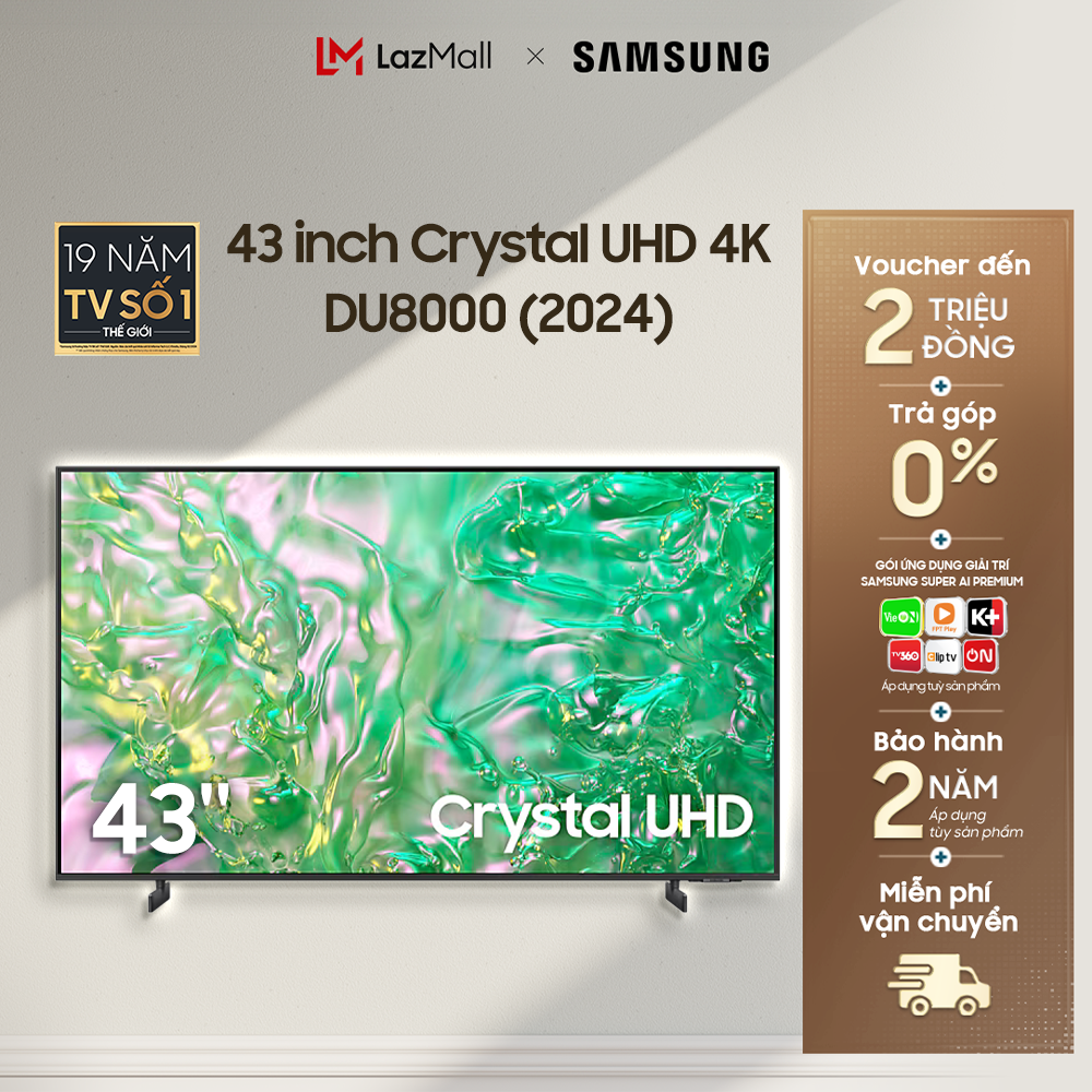 Smart Tivi Samsung 4K Crystal UHD DU8000 UA43DU8000KXXV(2024)- 43 inch- Hàng Chính Hãng - Phân Phối Bởi Lazada - MIỄN PHÍ VẬN CHUYỂN TOÀN QUỐC