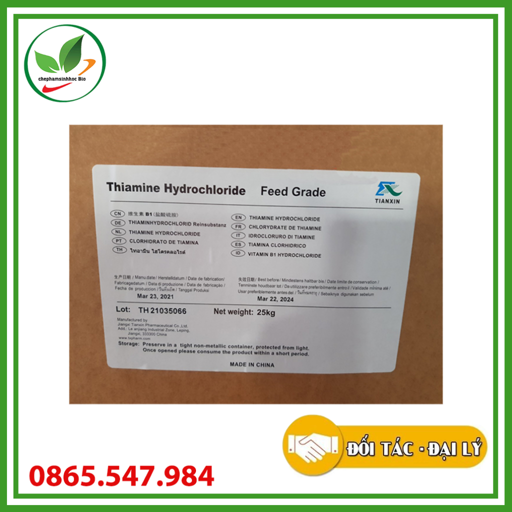 Nguyên liệu Vitamin B1 HCL Feed Grade. Hỗ trợ tăng trưởng, tiêu hóa. Thùng 25kg