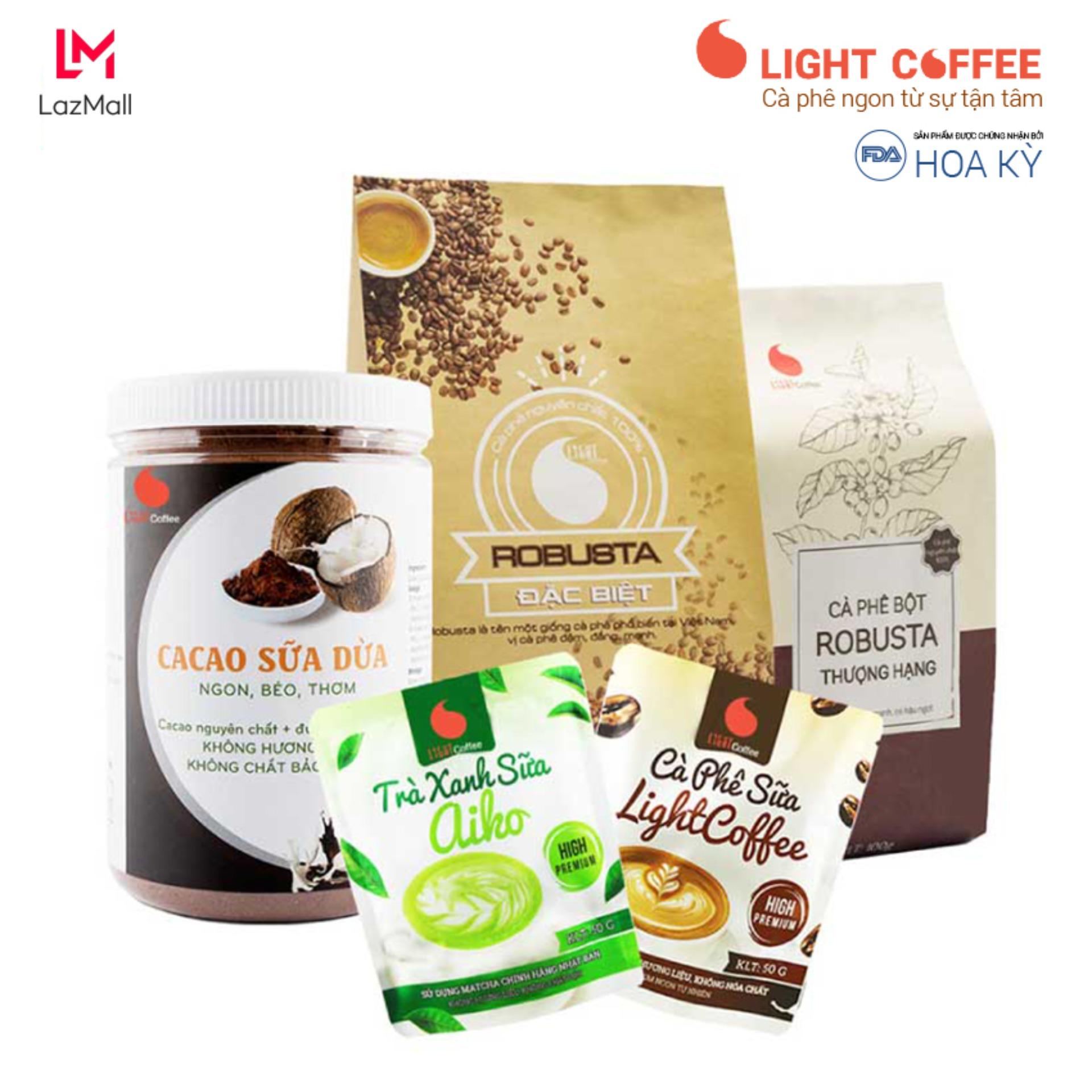 Set làm quen 5, cà phê đặc biệt 500g, cà phê thượng hạng 100g, cacao sữa dừa hũ 550g, cà phê sữa gói 50g, bột trà xanh sữa aiko 50g - light coffee