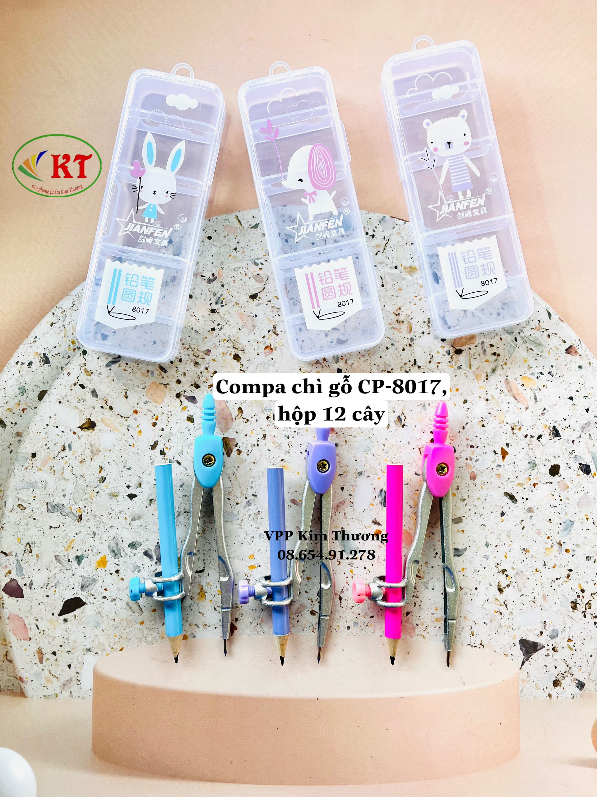 Compa chì gỗ gồm 3 màu hồng, xanh dương, tím