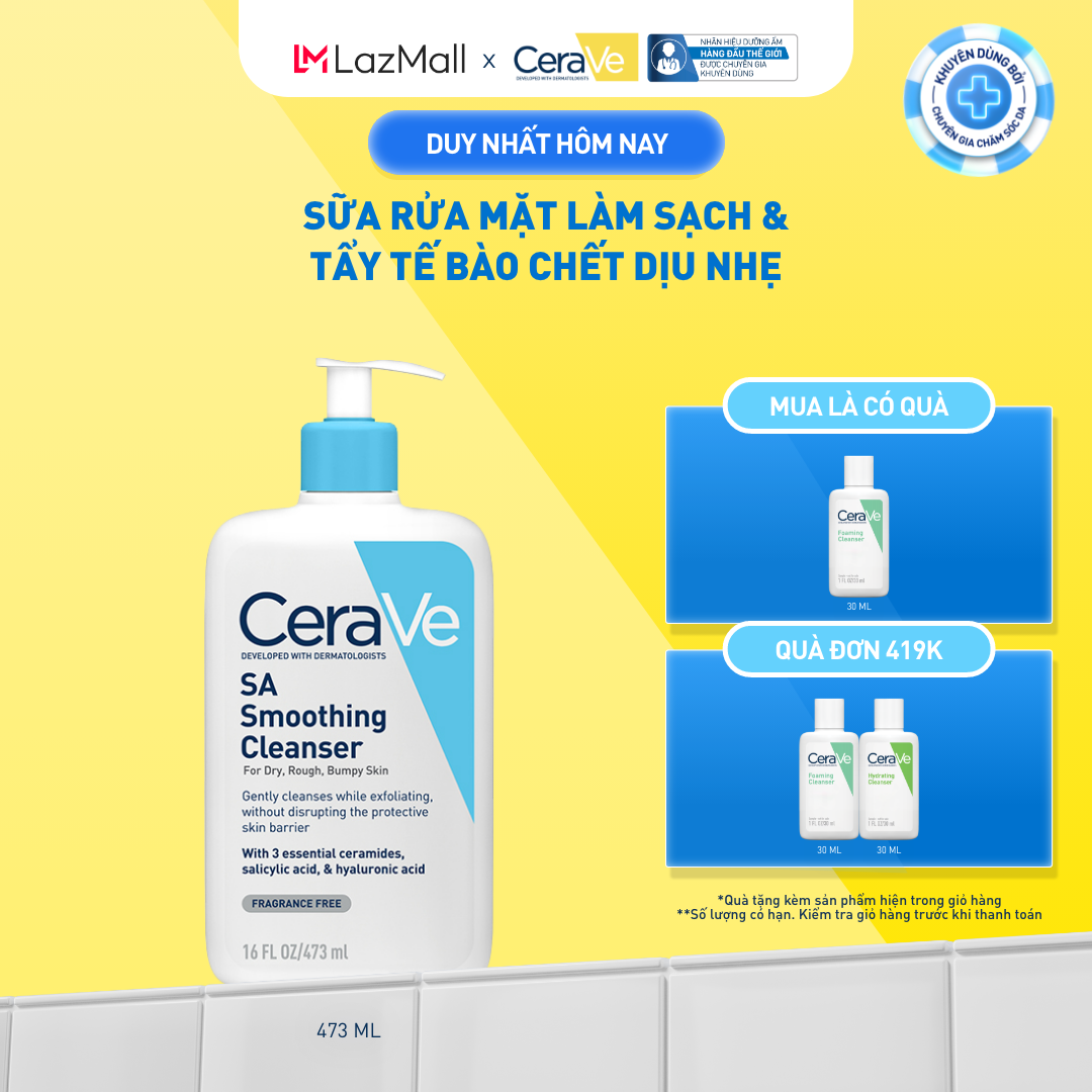 Sữa rửa mặt làm sạch da, loại bỏ dầu thừa và tẩy tế bào chết dịu nhẹ không gây khô da CeraVe SA Smoothing Cleanser 473ML