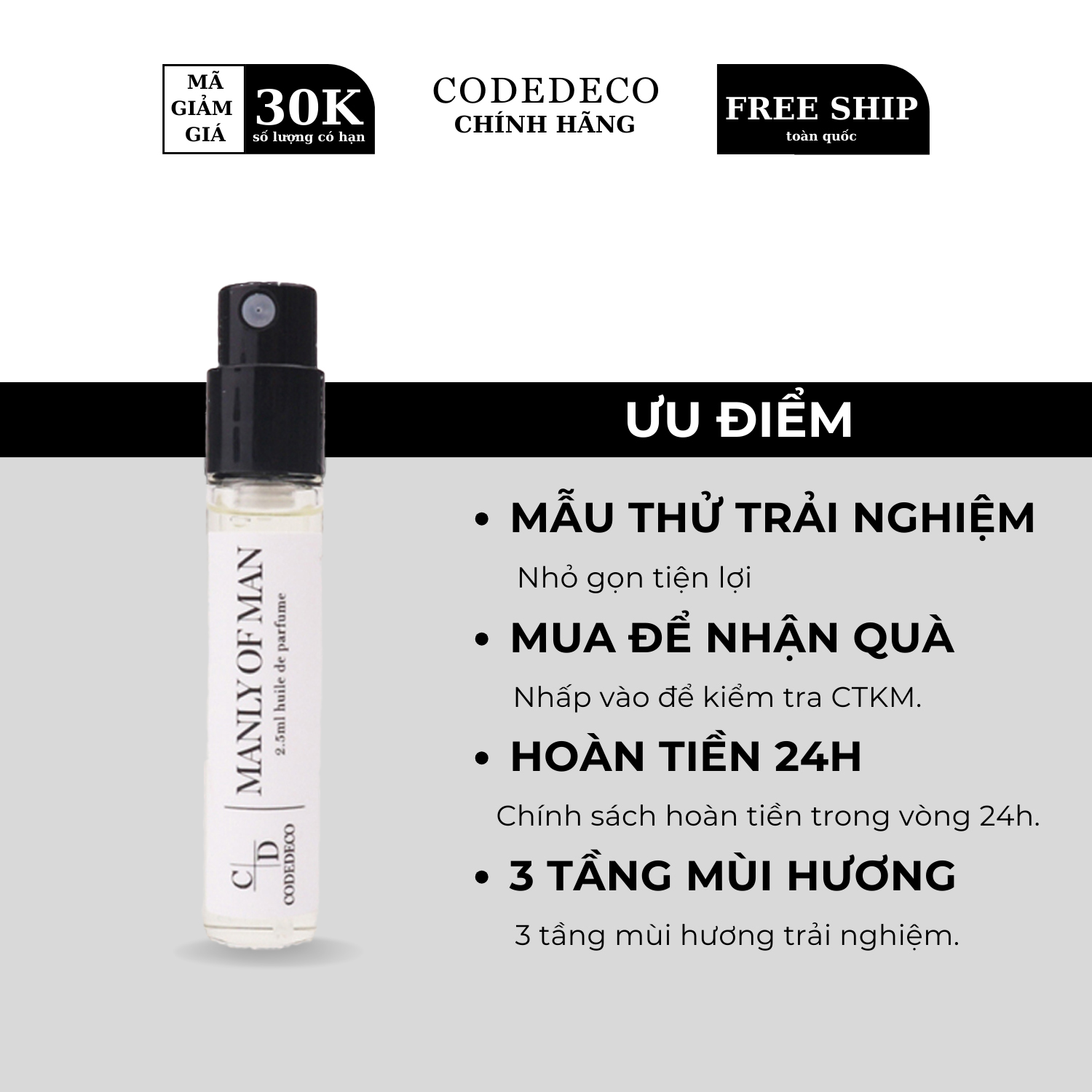 Tinh dầu nước hoa codedeco manly of man vial 2ml sang trọng, tinh tế, lịch lãm