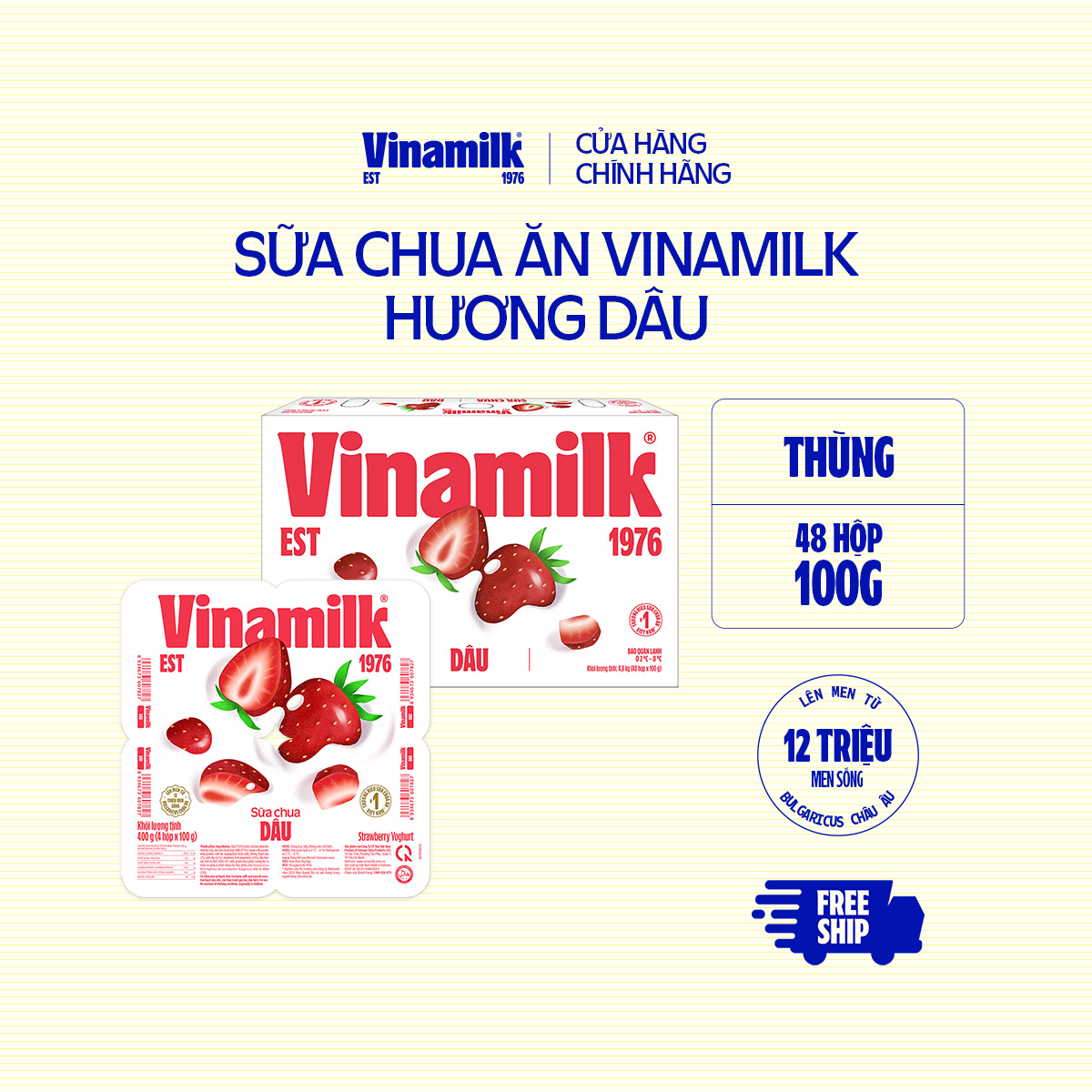 [CHỈ GIAO TRONG BÁN KÍNH 10KM] Thùng 48 hộp Sữa chua ăn Vinamilk Dâu - Yaourt 100g