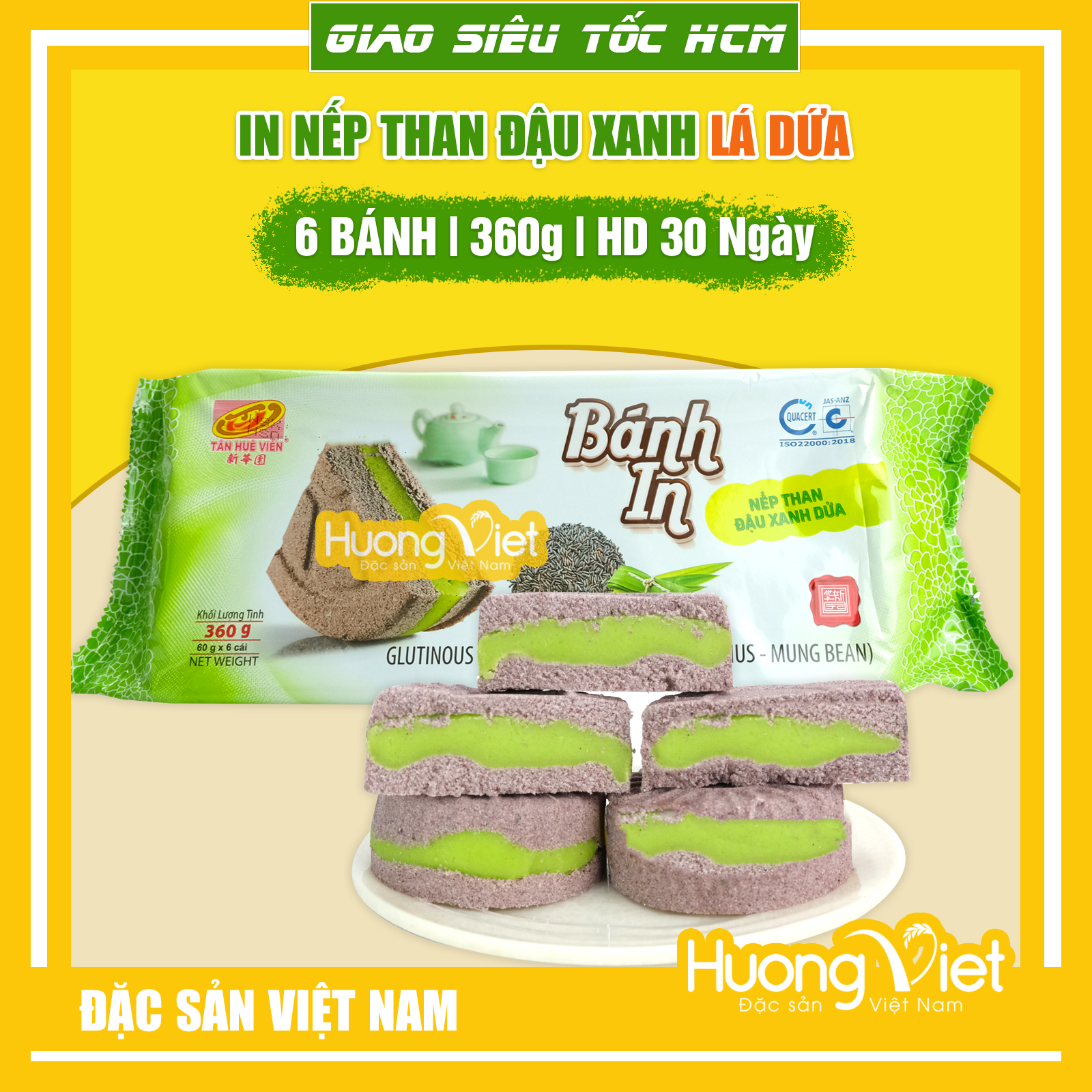 Bánh in nếp than đậu xanh lá dứa Tân Huê Viên 360g bánh in Sóc Trăng Tân Huê Viên