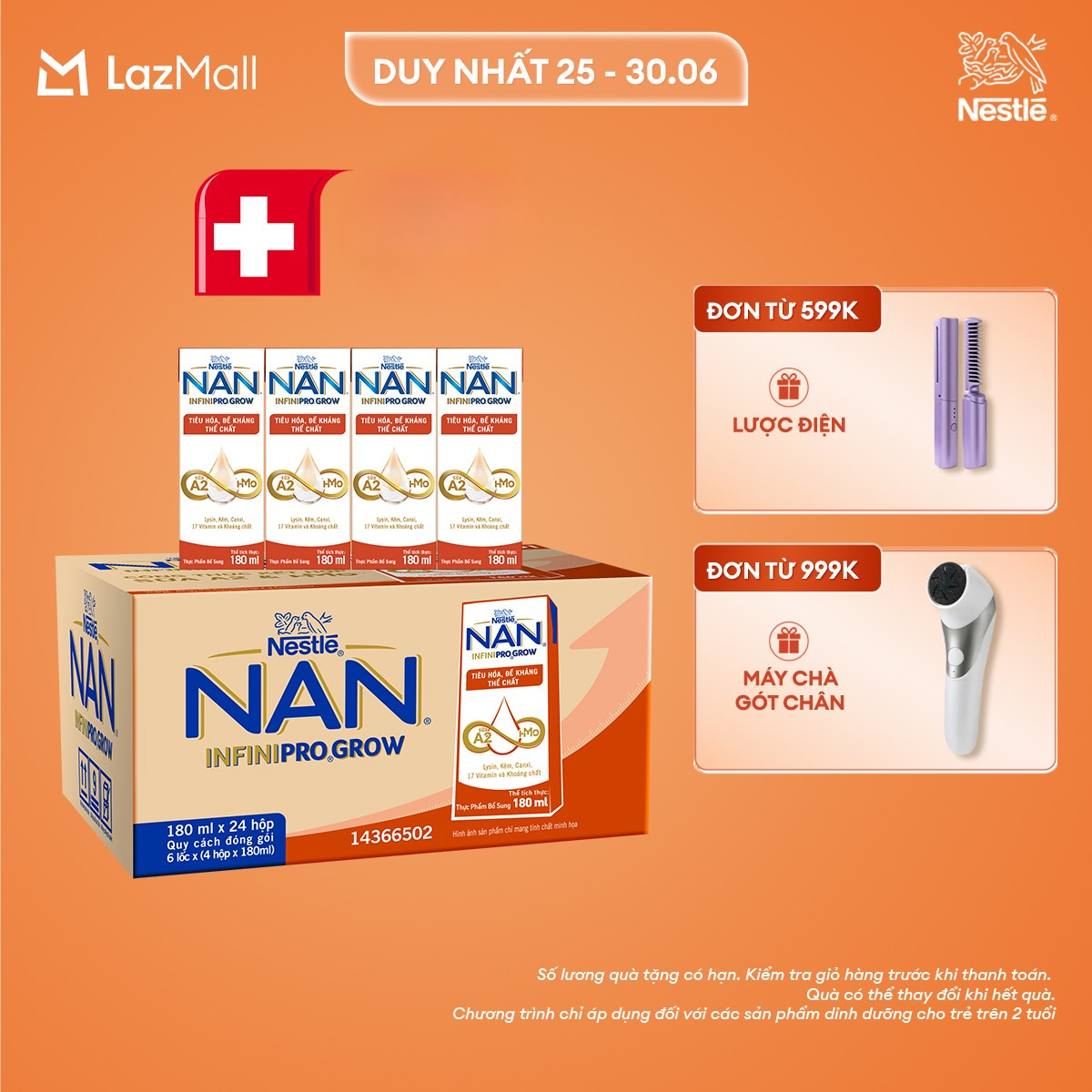 [Chỉ 25-30.06 QT Đơn 599K/999K] Thùng 24 hộp sữa pha sẵn Nestle NAN INFINIPRO GROW với công thức vượt trội kết hợp sữa A2 và HMO hỗ trợ tiêu hóa, đề kháng và phát triển thể chất (4x180ml)