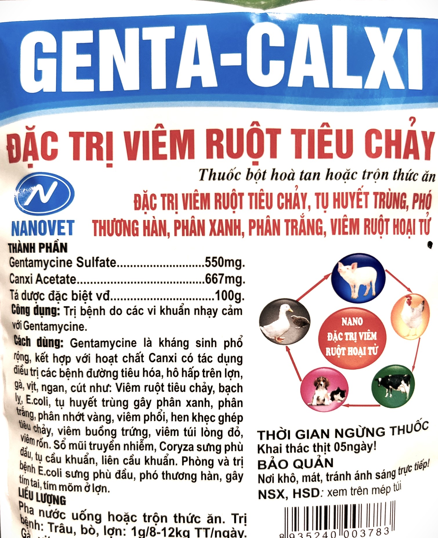 1 gói 100g GENTA-CALXI dứt điểm viêm ruột tiêu chảy, Ecoli heo, gà, trâu, bò dê