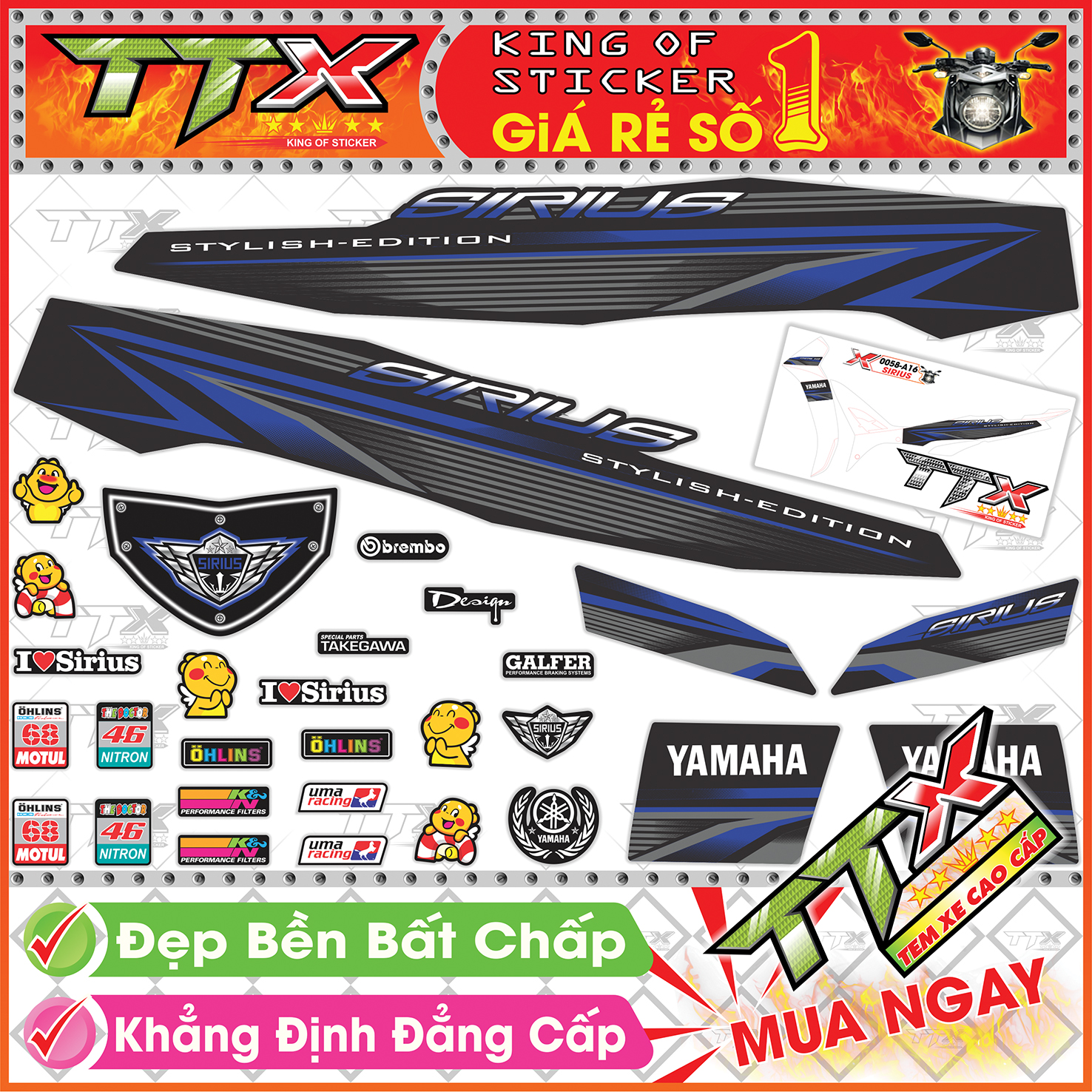 Tem xe sirius đen xanh gp - tem sirius xanh gp đen viền chỉ siêu đẹp - mẫu team sirius đen xanh gp