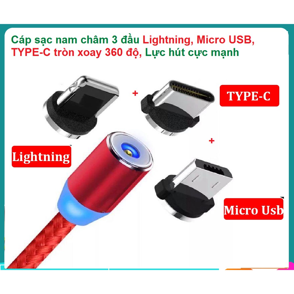 [HCM][BẢO HÀNH 1 ĐỔI 1] - Cáp sạc nam châm 3 đầu Lightning Micro USB Type-C xoay tròn 360 độ kiểu đầu thẳng dành cho điện thoại IOS và Androi máy tính bảng cáp sạc iphone cáp sạc type c cáp sạc Samsung cáp sạc nhanh
