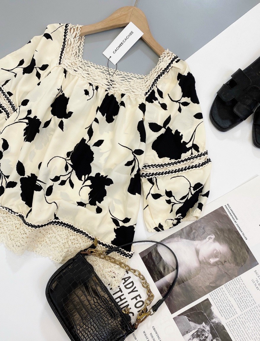 Áo Cache babydoll VNXK tay bồng phối ren freesize họa tiết một màu chuẩn cực xinh