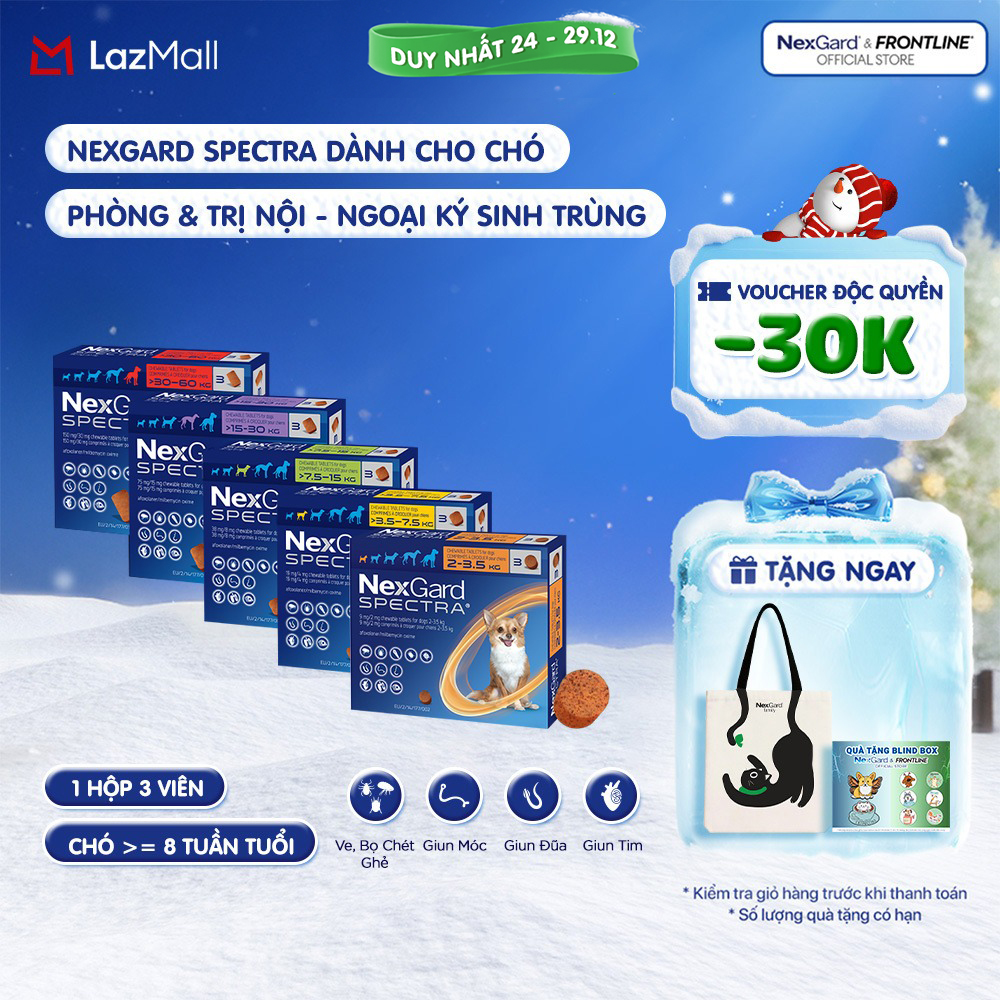  NexGard SPECTRA - Viên nhai phòng & trị nội ngoại ký sinh  ve rận bọ chét ghẻ demodex sarcoptes giun  dành cho Chó 