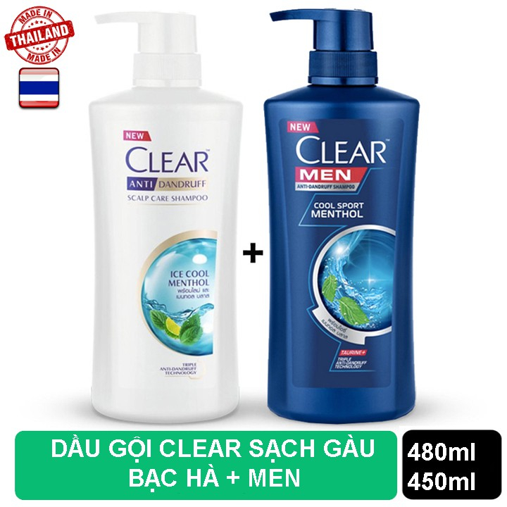 Combo 2 chai dầu gội đầu gồm clear Bạc Hà 480ml và Clear Men 450ml