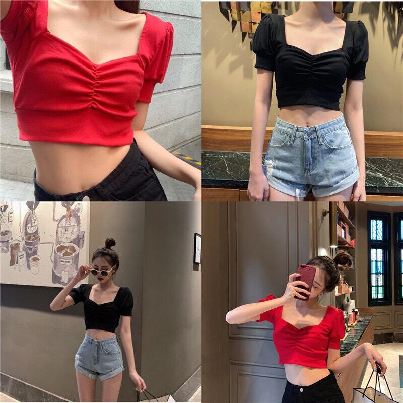 [ SEXY CÁ TÍNH LÀ EM] Áo thun cổ vuông nhíu ngực tay bồng ôm body -áo thun croptop nữ-áo thun ôm