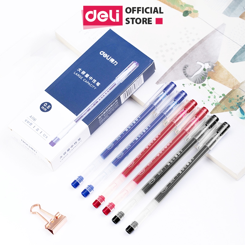 Bút gel ngòi 0.5mm mực gấp đôi, viết trơn, không nhòe Deli - Bút bi, bút nước, bút chép kinh - Màu đỏ / Xanh / Đen - A116