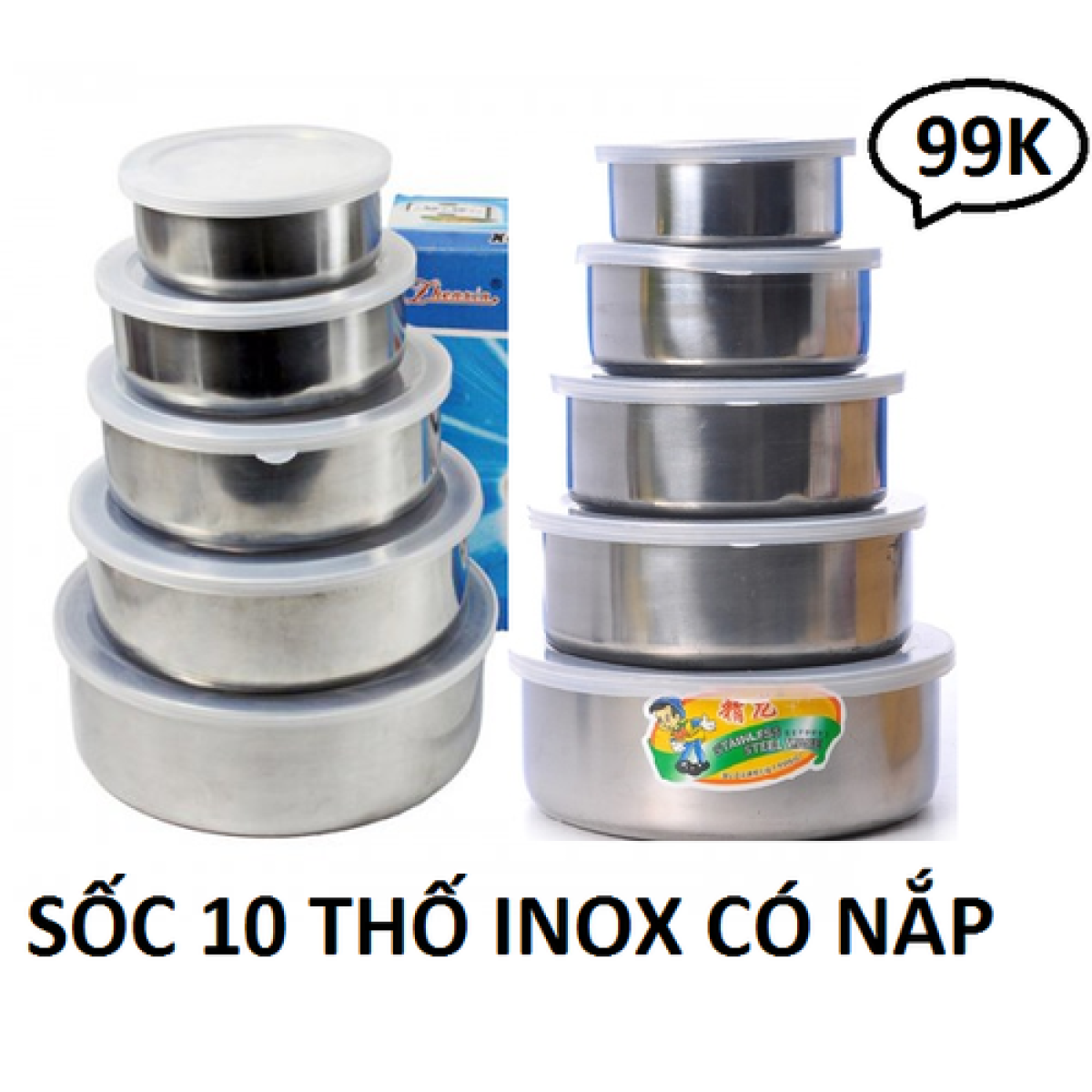Thố inox có nắp 10 cái cao cấp - bộ 10 thỗ inox có nắp đủ size đủ sài - tiện lợi vô cùng
