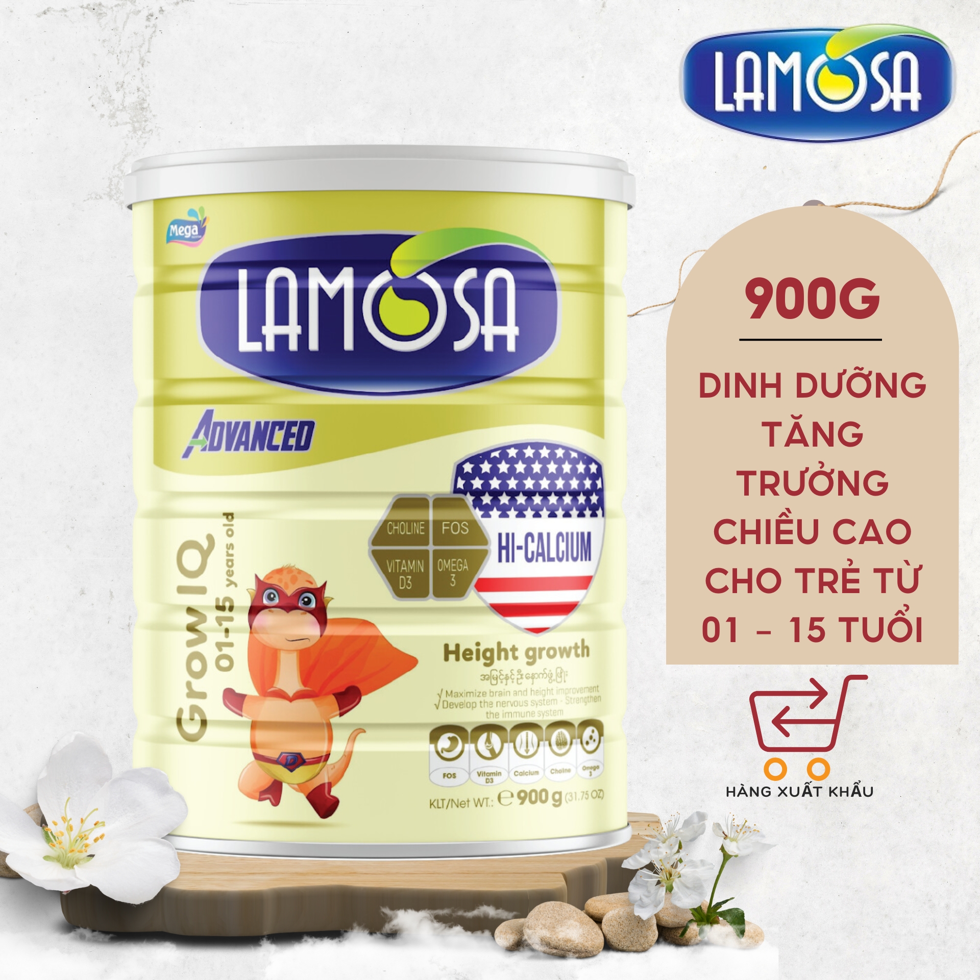 Sữa Bột cho trẻ từ 1 đến 15 tuổi giúp trẻ thông minh cao lớn Lamosa Grow IQ lon 900G hàng xuất khẩu