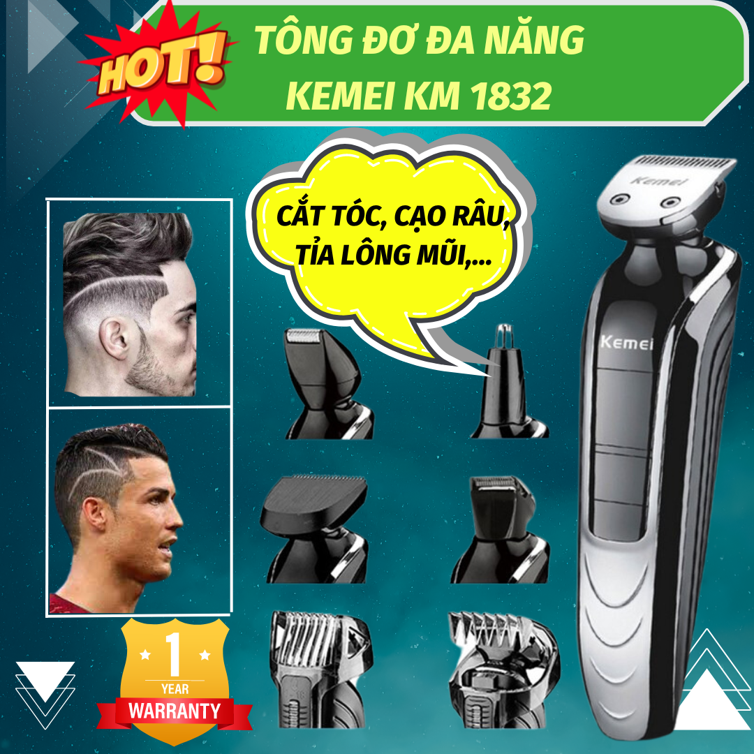 Tông Đơ Cắt Tóc Đa Năng, Tông Đơ Cắt Tóc Loại Tốt Kemei KM 1832, Cắt Tóc Cho Cả Người Lớn Và Trẻ Nhỏ, Không Dây, Máy Khỏe, Chạy Êm
