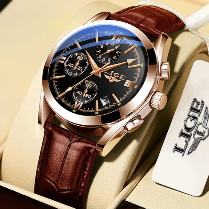 LIGE Đồng hồ đeo tay nam Thời trang Casual Quartz Không thấm nước Chronograph dạ quang Da thể thao Đồng hồ đeo tay