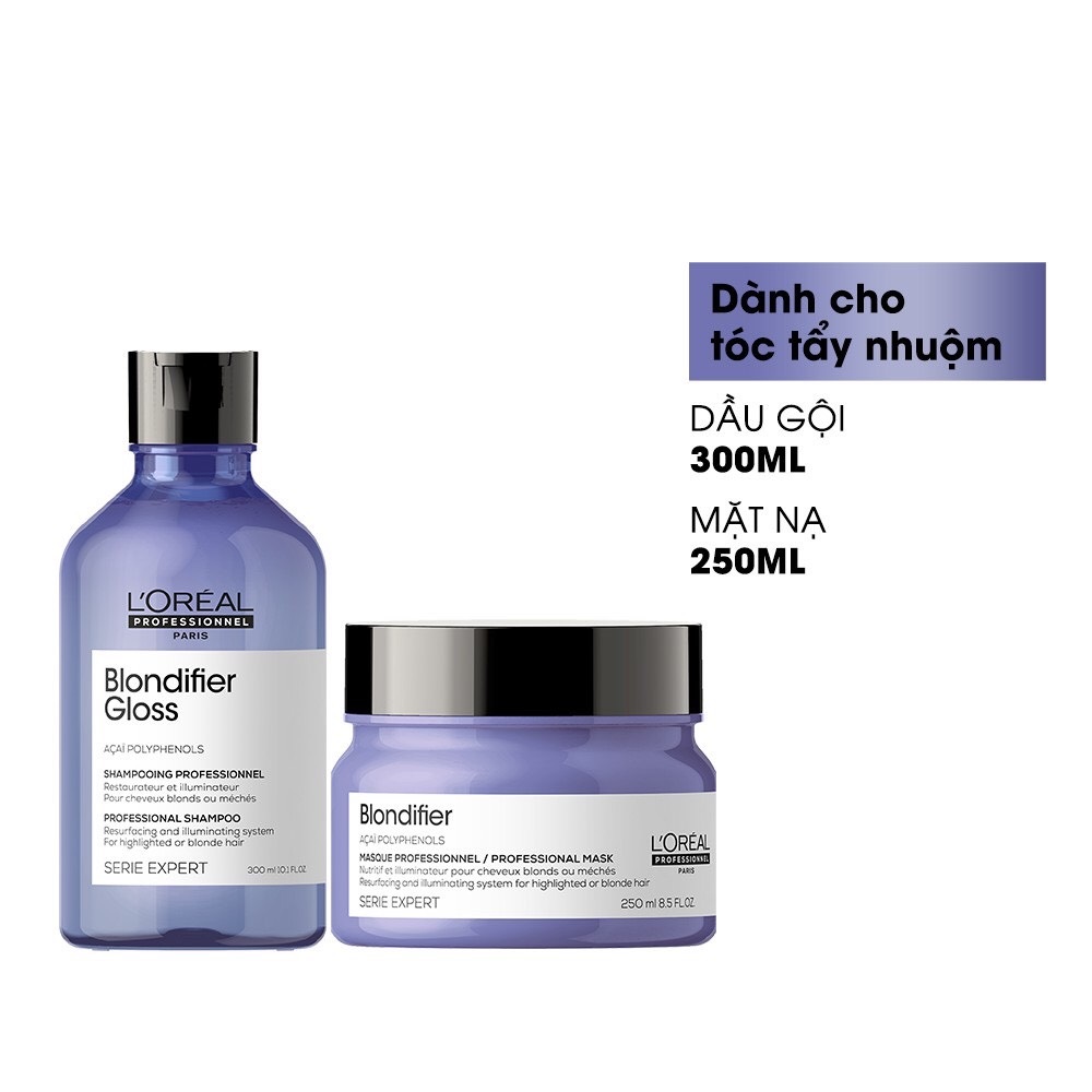 Dầu gội 300ml, hấp dầu 250ml tăng độ bóng mượt cho tóc tẩy nhuộm L'Oréal Professionnel Serie Expert Blondifier Gloss