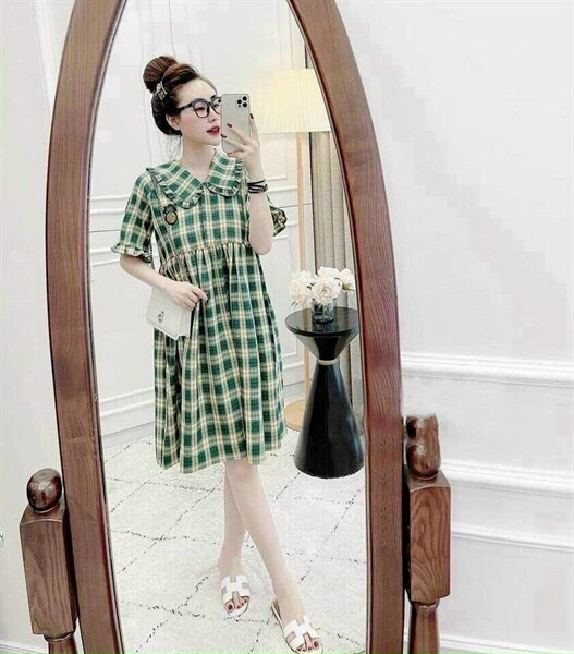 Đầm babydoll caro cổ bèo tay ngắn, kèm ảnh thật -mtb