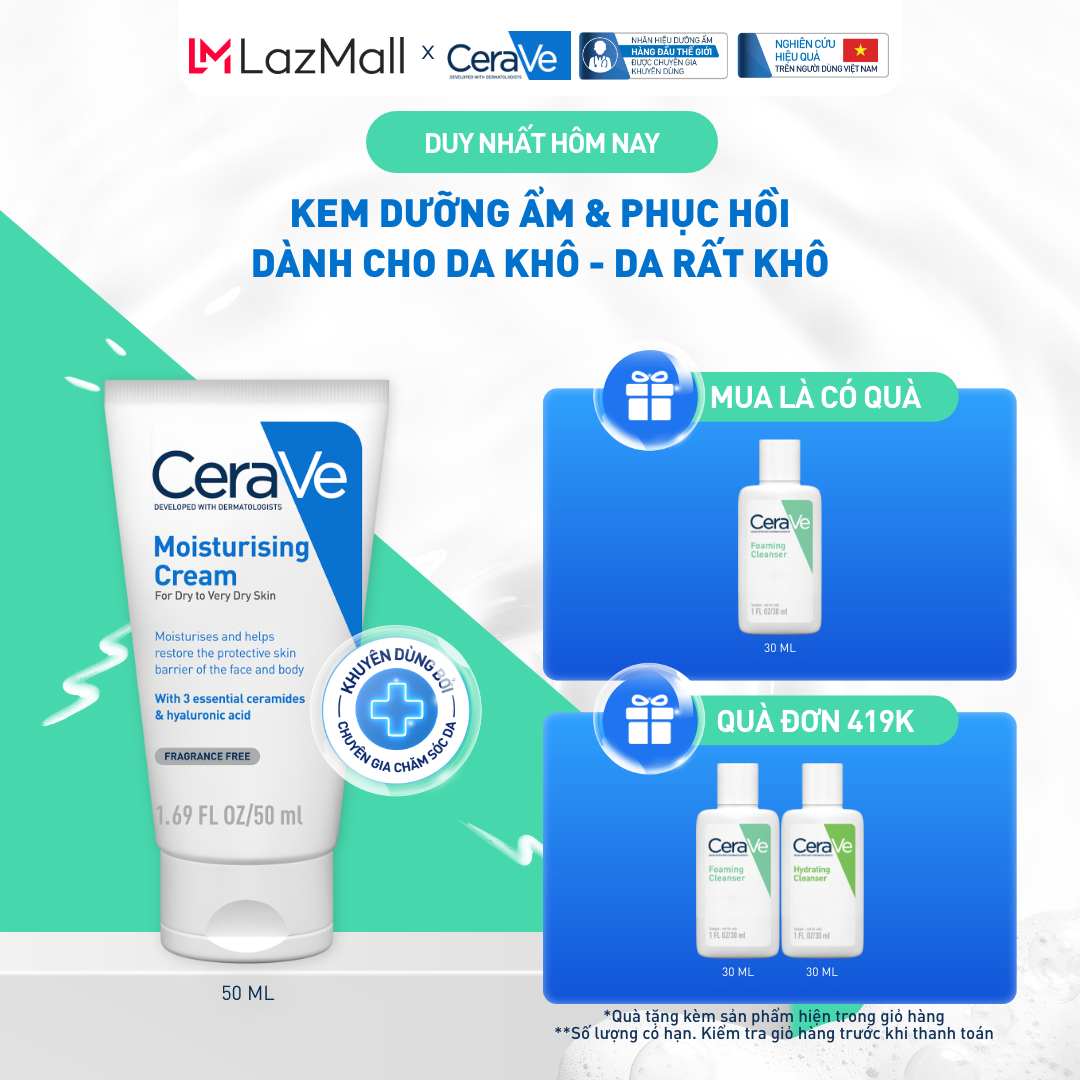 Kem dưỡng ẩm phục hồi chuyên sâu và giữ da ẩm mịn suốt 48H CERAVE MOISTURISING CREAM 50ML