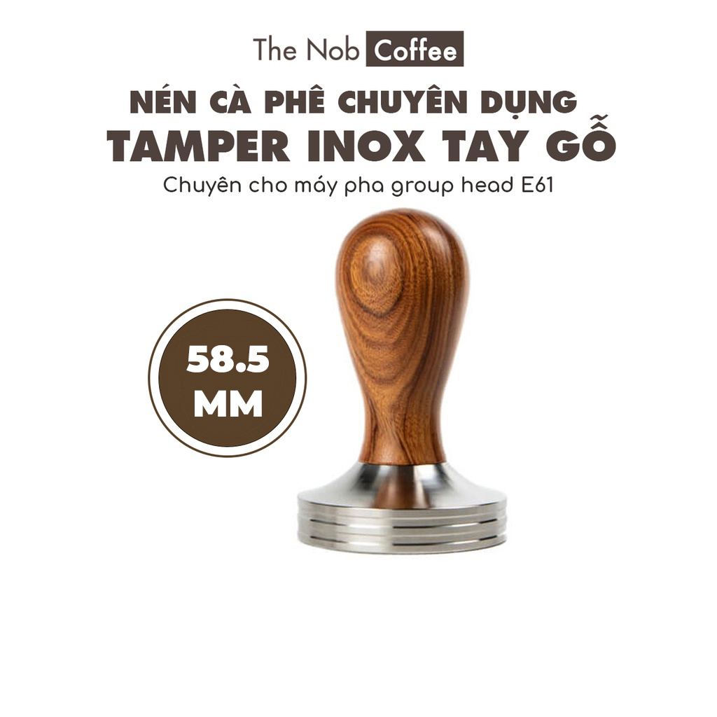 Tamper 58.5mm | Tay nén cà phê máy Espresso đáy inox phẳng cán gỗ