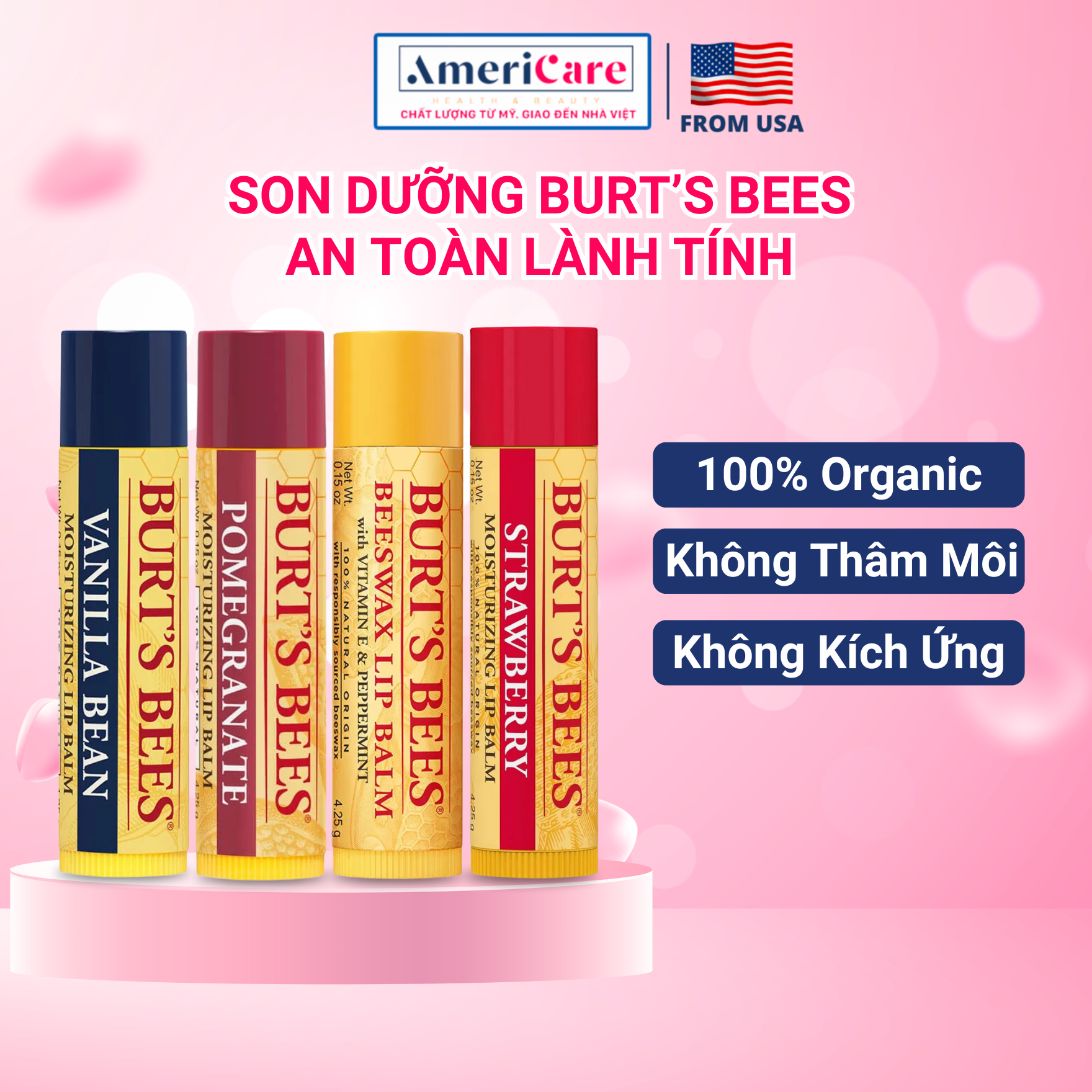 Son Dưỡng Môi Burt Bees, Americarevn - Moisturizing Lip Balm dưỡng môi, son dưỡng không màu - Đủ Mùi - Bill Mỹ