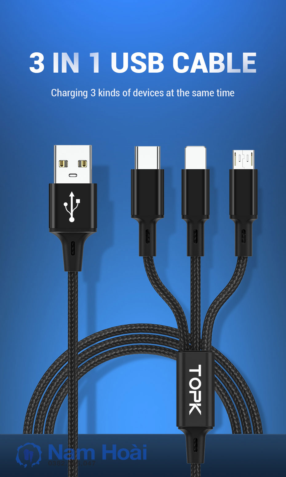 Cáp sạc nhanh usb 3 trong 1 topk an20 dây sạc nylon cho iphone samsung xiaomi huawei vivo oppo micro usb type c