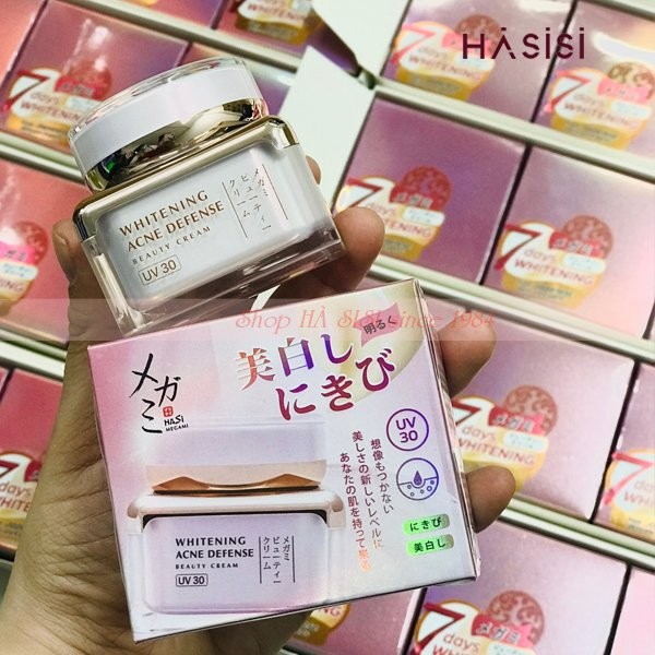 KEM DƯỠNG HASI HASI MEGAMI WHITENING ACNE DEFENSE BEAUTY CREAM UV30 28g ( hồng )