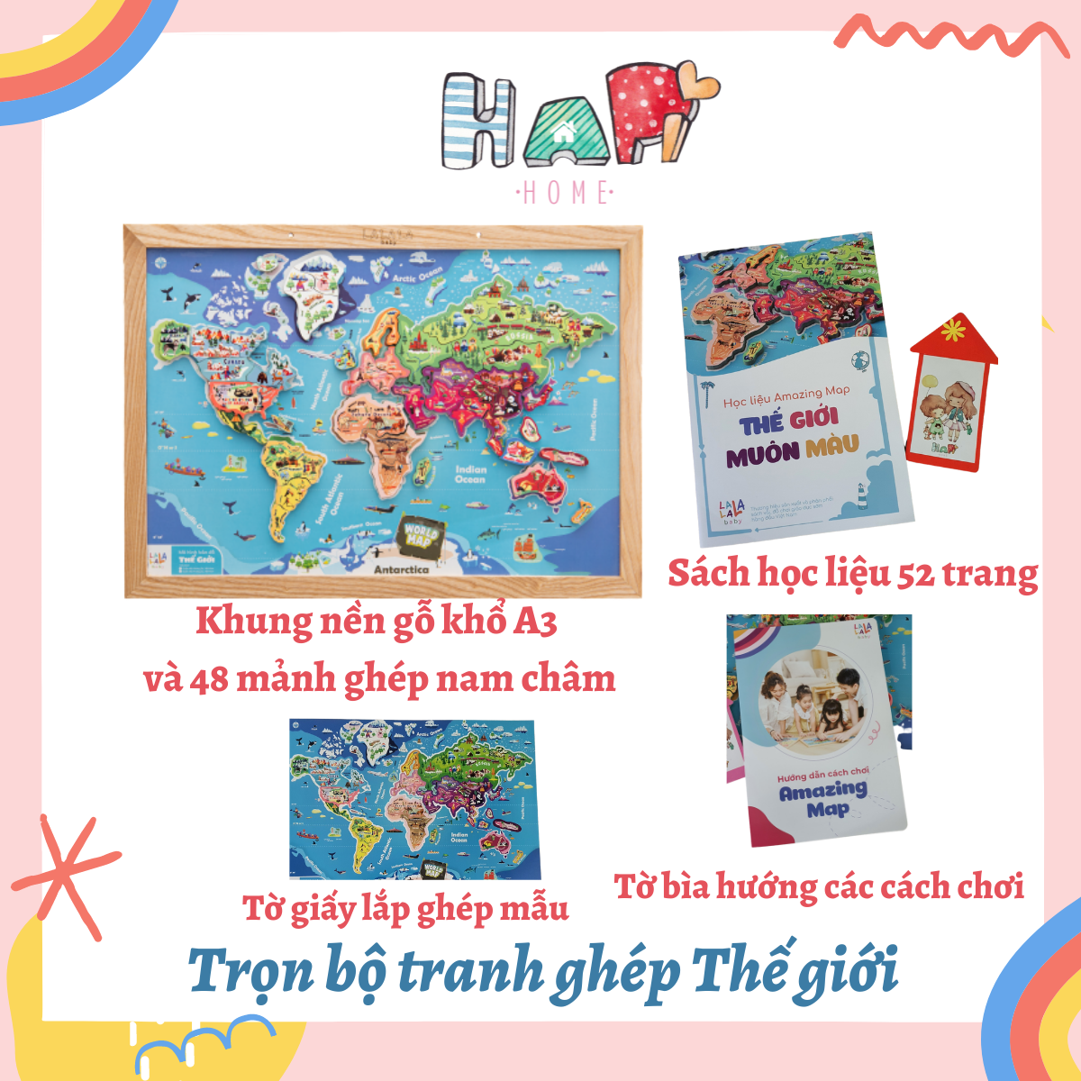 Bộ lắp ghép các nước thế giới bằng nam châm vĩnh cửu, tranh xếp hình Klap khổ A3 có 48 mảnh ghép - Hapi Home