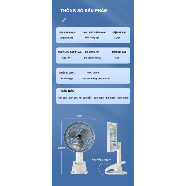 Quạt tích điện gấp gọn super , xoay 180 độ, 3 tốc độ gió, cổng sạc usb
