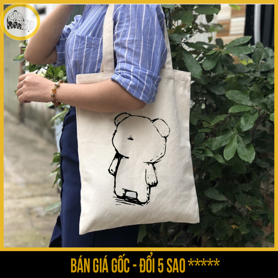 Túi tote vải canvas màu trắng in hình Gấu - Săn Nón Đẹp
