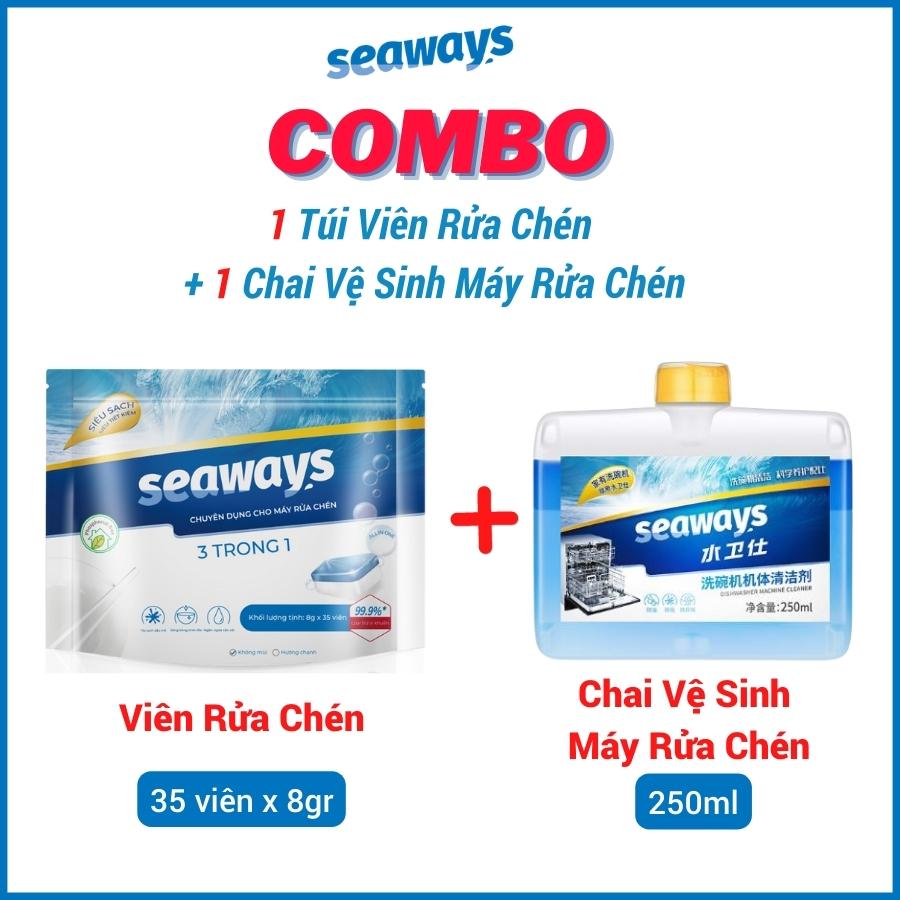 1 túi viên rửa chén seaways 35 viên + 1 chai vệ sinh máy rửa chén 250ml