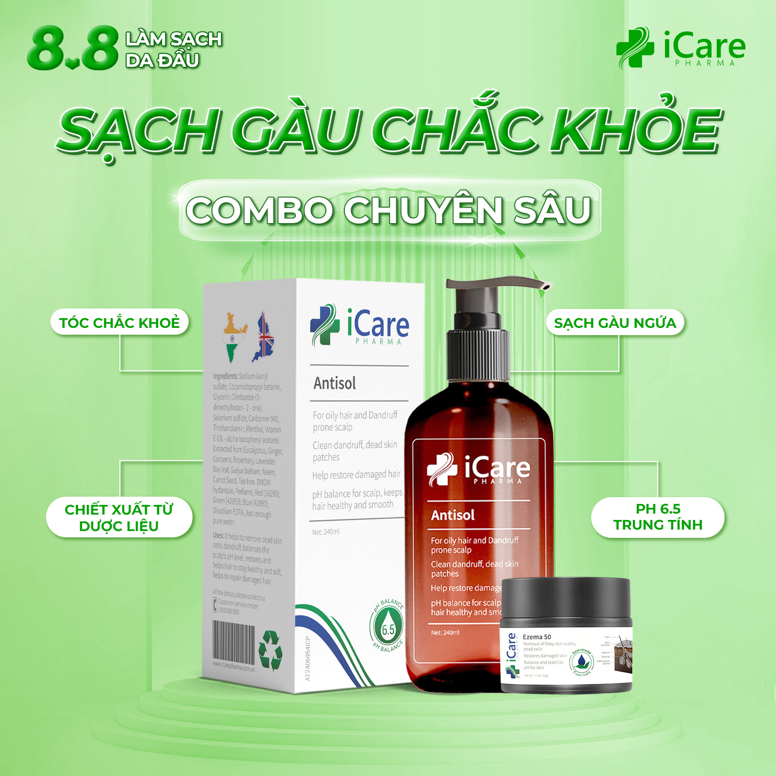 Combo Chống Nấm Da Đầu Ezema 50 & Dầu Gội Sạch Gàu Antisol - Giải Pháp Chuyên Sâu Cho Người Bị Nấm Da Đầu, Gàu Ngứa Lâu Năm
