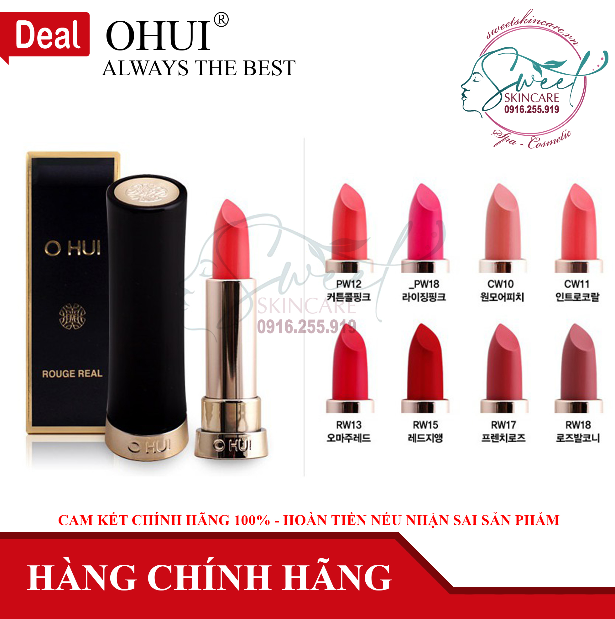 Son Ohui Rouge Real Lipstick 3.5g - Dòng son lì chứa thành phần phục hồi và dưỡng ẩm HA sáng bóng cho sác son lên chuẩn màu và không khô môi