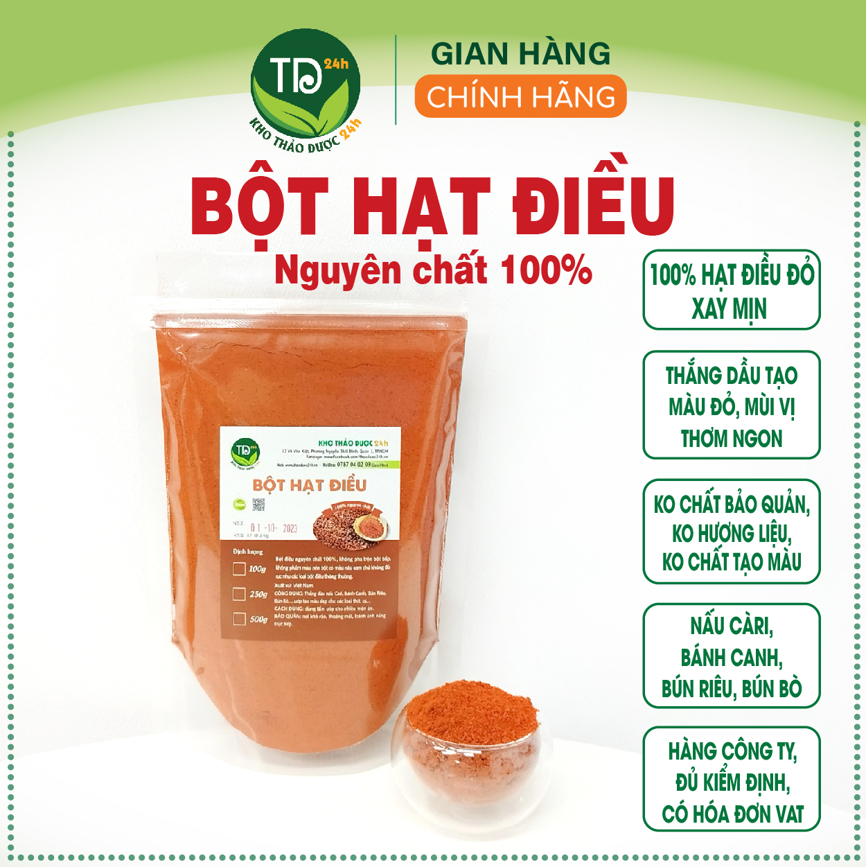 Bột hạt điều nguyên chất 100 chất tạo màu cho nhiều món ăn ngon tạo màu đỏ gạch dùng nấu các món cary bò kho bún bò huế bún riêu cua bún đậu phộng xá quay các loại thịt cho màu đỏ thật đẹp và thơm ngon