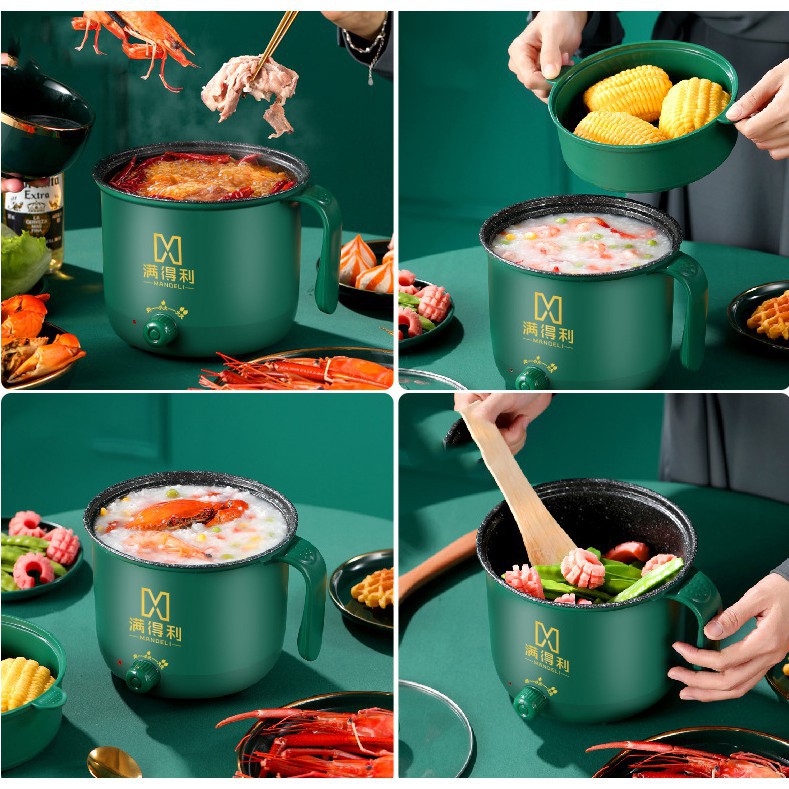 Nồi Lẩu Điện, Ca Nấu Mì, Nấu Cơm MINI ĐA NĂNG CÓ TAY CẦM TẶNG KÈM GIÁ HẤP LUỘC Mlshl0 dung tích 1,5l - công suất 600w