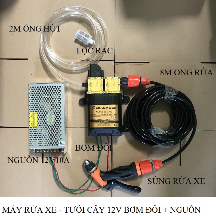 Bộ máy bơm nước rửa xe mini 130W động cơ kép, gồm ống nước vòi tăng áp lực xịt nhiều chế độ rửa xe máy, ô tô, tưới cây, rửa sân vườn tặng bộ biến áp 220V-12V10a
