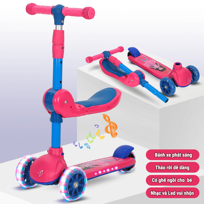Xe Trượt Scooter Trẻ Em 2 Trong 1 Kết Hợp Trượt Và Chòi Chân, Có Đèn Và Nhạc Vui Nhộn Dành Cho Bé 2-12 Tuổi (Tặng giỏ đựng đồ)