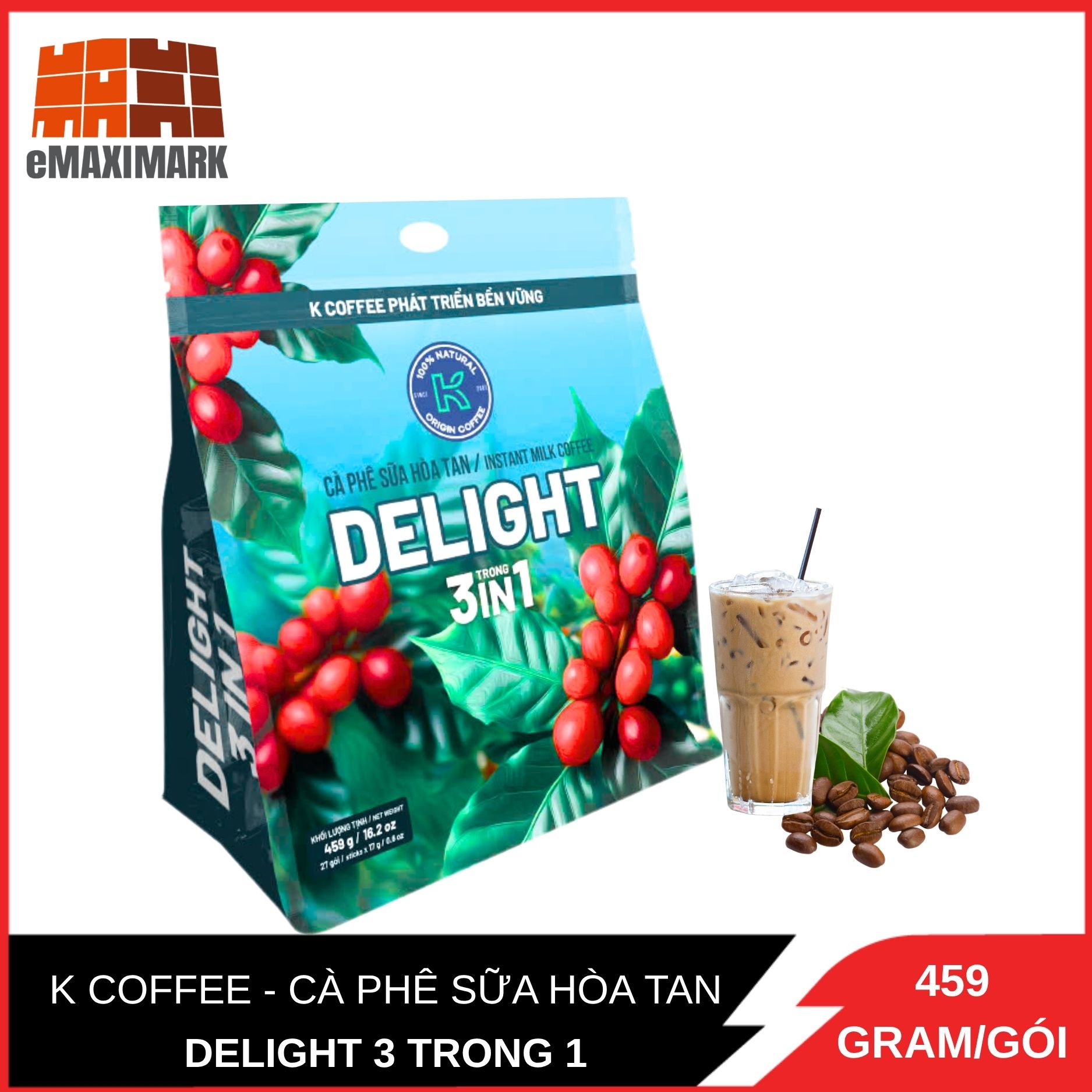 K COFFEE - CÀ PHÊ SỮA HÒA TAN DELIGHT 3 TRONG 1 - 459G/24 GÓI
