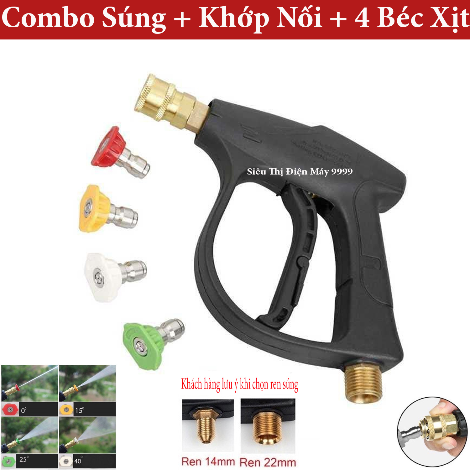 Bộ súng xịt rửa xe cao áp kèm bộ 4 béc phun từ 0 đến 40 độ cho máy rửa xe áp lực cao
