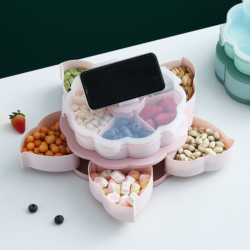 [MẪU MỚI SIÊU ĐẸP 2021-ÁP MÃ GIẢM 20K] Khay đựng mứt tết, bánh kẹo hoa quả 2 tầng 10 cánh xoay 360 độ sang trọng tiện dụng gọn gàng, hộp đựng bánh kẹo có kèm khe giá đỡ điện thoại thông minh tiện lợi