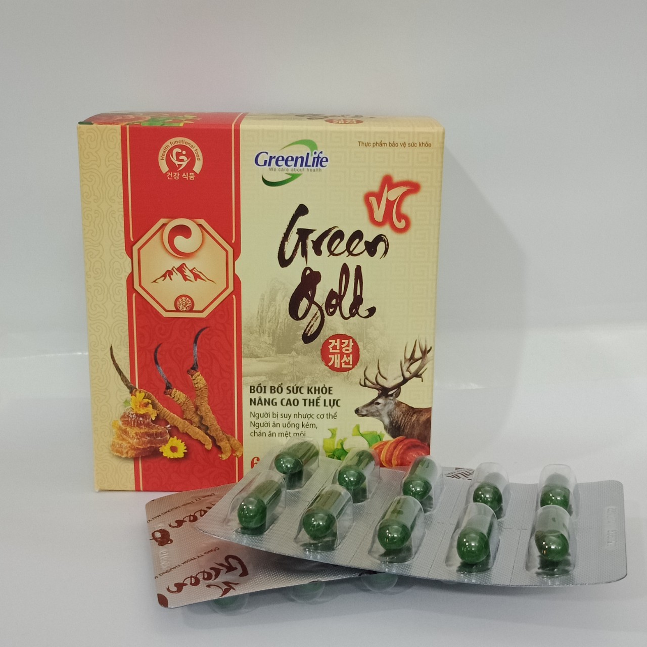 Đông trùng hạ thảo, nấm linh xanh, sữa ong chúa- Viên bổ GREEN GOLD nâng cao sức đề kháng, giúp phục hồi cơ thể ( Hộp 60 viên)