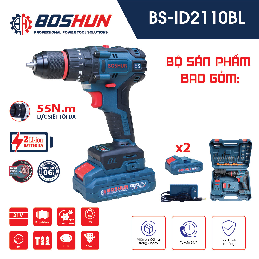 [Tặng bộ phụ kiện] Máy khoan pin Boshun  BS-ID2110BL 3 chức năng Không chổi than - Chống lật cổ tay - Chế độ tạo xung - Khoan vật liệu cứng dễ dàng