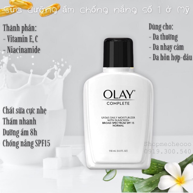 Sữa dưỡng chống nắng Olay Complete All Day UV Moisturizer with Vitamins E & B3, Sensitive, Normal, Combi Oily [Meoheo]