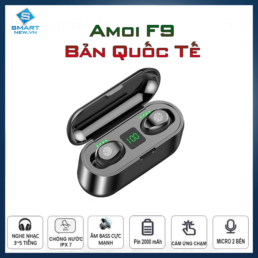 Tai nghe Bluetooth không dây Amoi F9 - Nghe nhạc hay - Bass Treble Mid ổn - Chống nước IP67 - Cảm ứng chạm - Có mic - Đồng hồ LED hiển thị