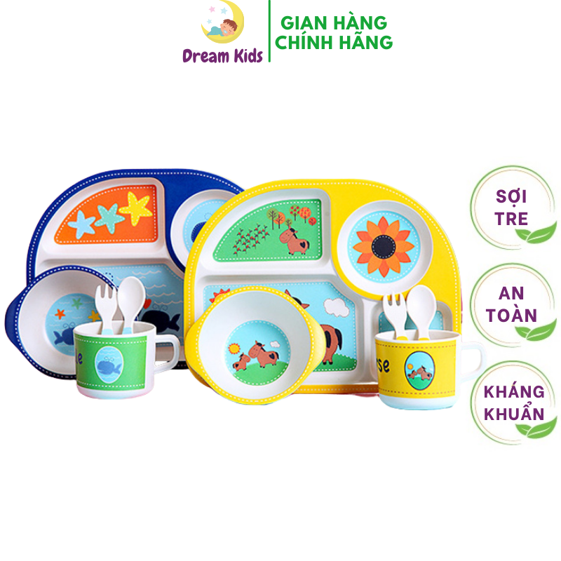 Khay ăn dặm sợi tre Bamboo Life an toàn cho bé- Bộ chén ăn dặm cao cấp 5 chi tiết thìa, dĩa, khay, bát, cốc hình ô tô- BL002