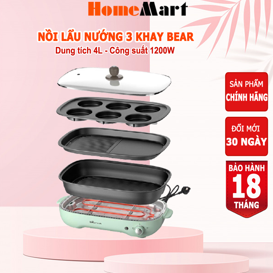 Nồi lẩu và nướng điện đa năng BEAR dung tích 4L, 3 khay chống dính, công suất 1200W, HOMEMART – Hàng chính hãng bảo hành 18 tháng