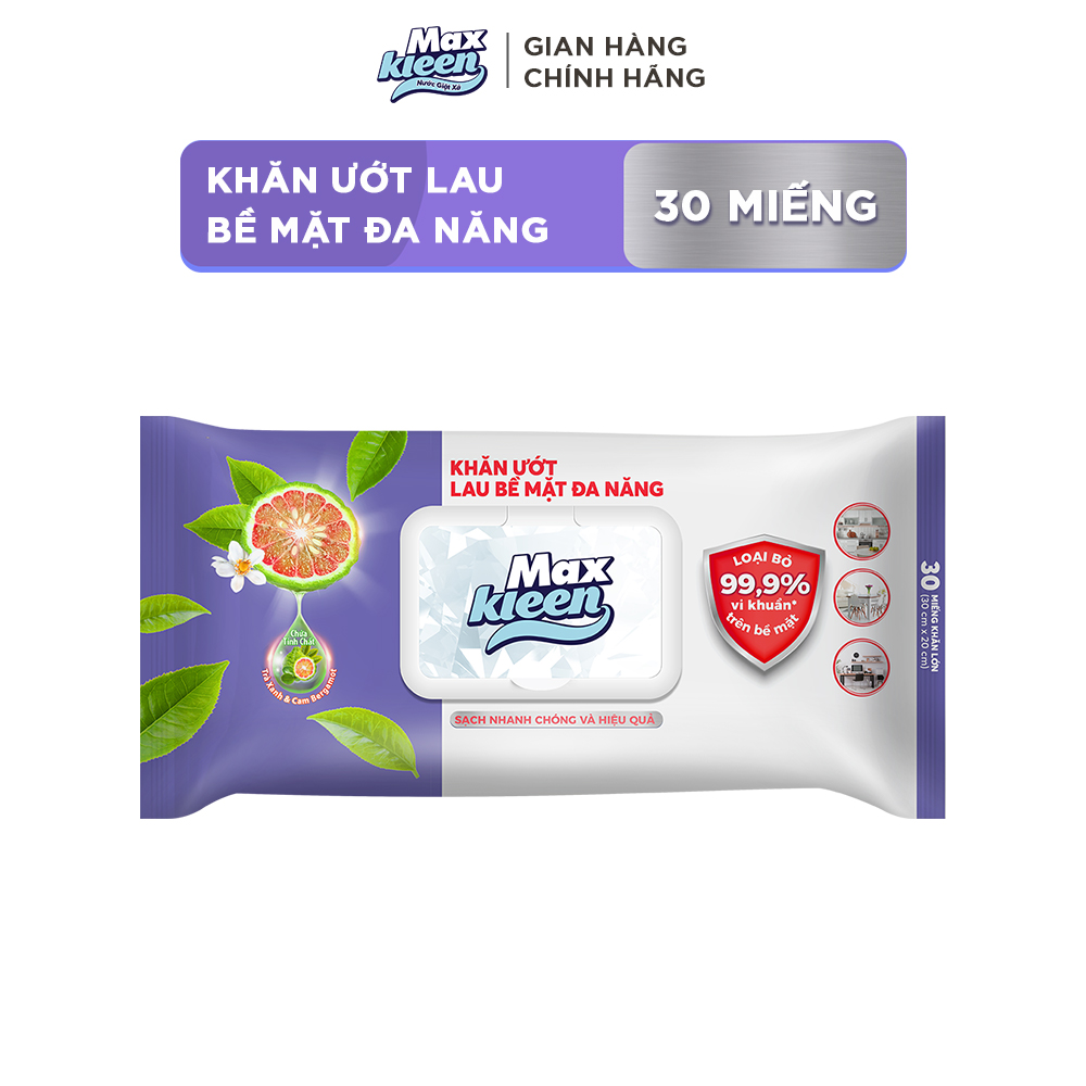 Khăn Ướt Lau Bề Mặt Đa Năng MaxKleen Loại Bỏ 99.9% Vi Khuẩn Hương Trà Xanh  Cam Bergamot 30 Miếng/Gói